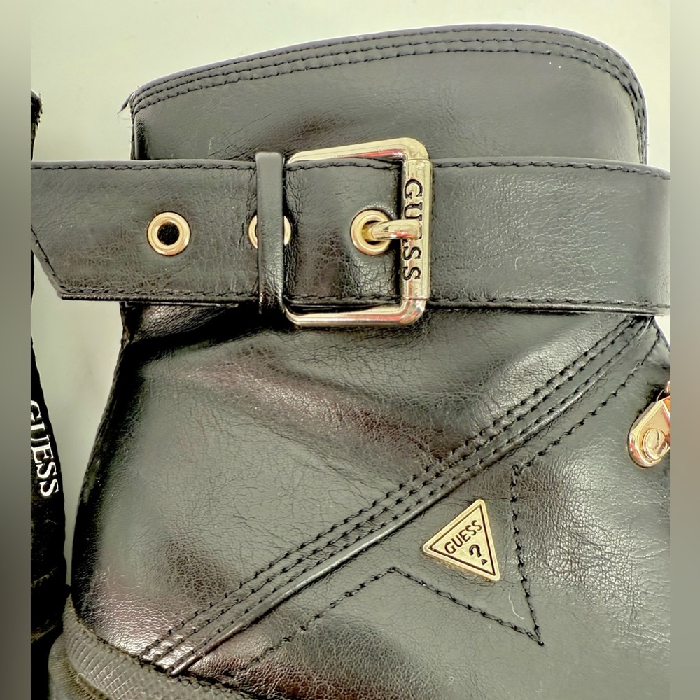 Guess Black Leather Combat Boots with Red Accents - Picture 8 of 9